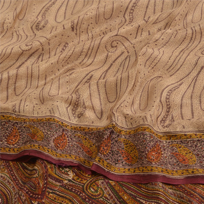 Sanskriti Vintage Sarees Light-Brown Pure Crepe Silk Printed Sari Craft Sustainable Fabric
