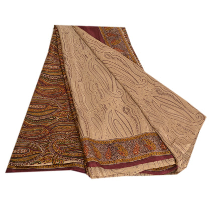 Sanskriti Vintage Sarees Light-Brown Pure Crepe Silk Printed Sari Craft Sustainable Fabric