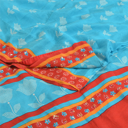 Sanskriti Vintage Sarees Red Hand Beaded Pure Crepe Silk Print Sari Craft Sustainable Fabric