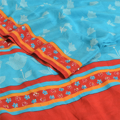 Sanskriti Vintage Sarees Red Hand Beaded Pure Crepe Silk Print Sari Craft Sustainable Fabric