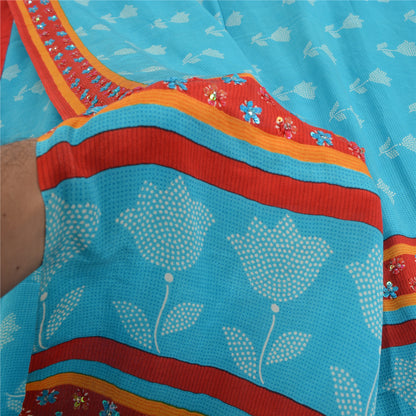 Sanskriti Vintage Sarees Red Hand Beaded Pure Crepe Silk Print Sari Craft Sustainable Fabric