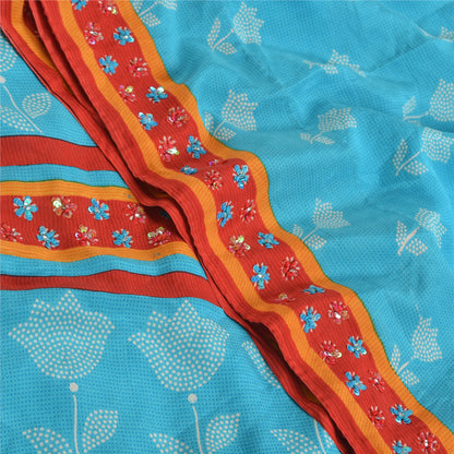 Sanskriti Vintage Sarees Red Hand Beaded Pure Crepe Silk Print Sari Craft Sustainable Fabric