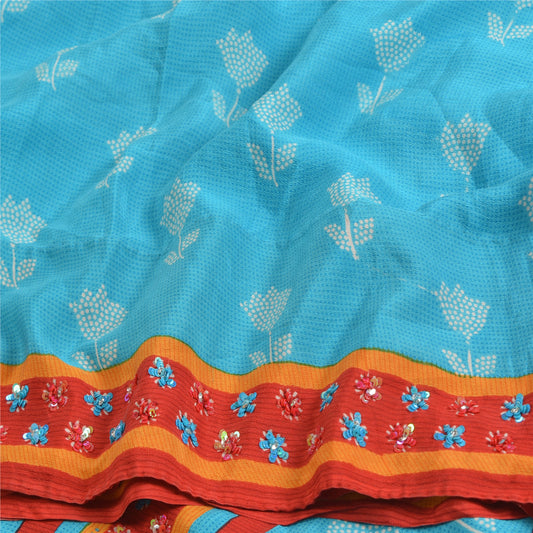 Sanskriti Vintage Sarees Red Hand Beaded Pure Crepe Silk Print Sari Craft Sustainable Fabric