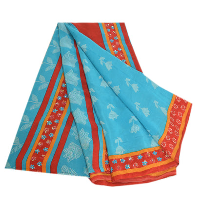 Sanskriti Vintage Sarees Red Hand Beaded Pure Crepe Silk Print Sari Craft Sustainable Fabric
