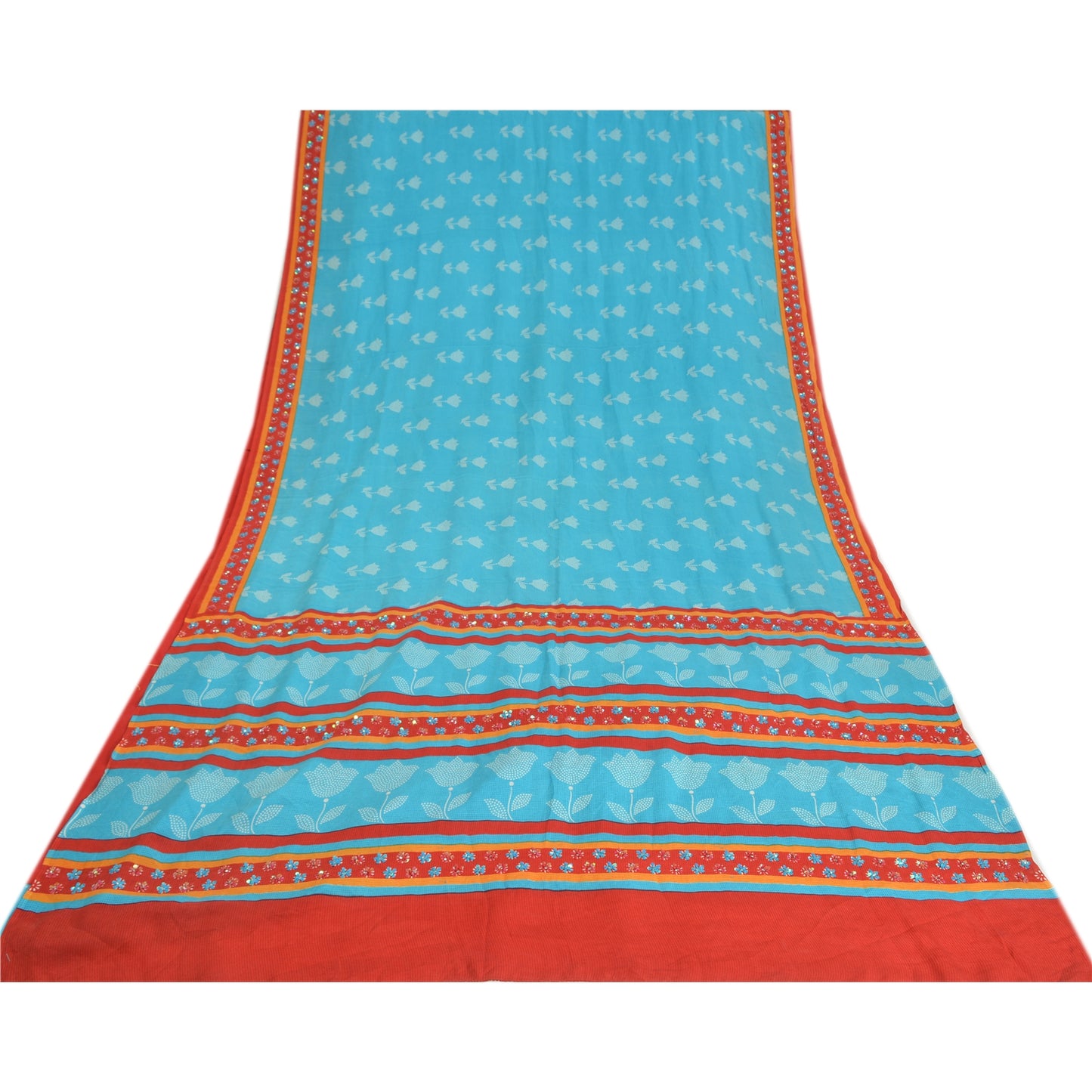 Sanskriti Vintage Sarees Red Hand Beaded Pure Crepe Silk Print Sari Craft Sustainable Fabric