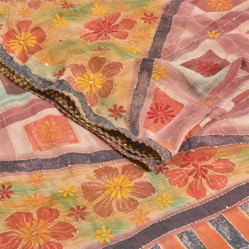 Sanskriti Vintage Sarees Hand Beaded Kantha Pure Crepe Silk Printed Sari Sustainable Fabric