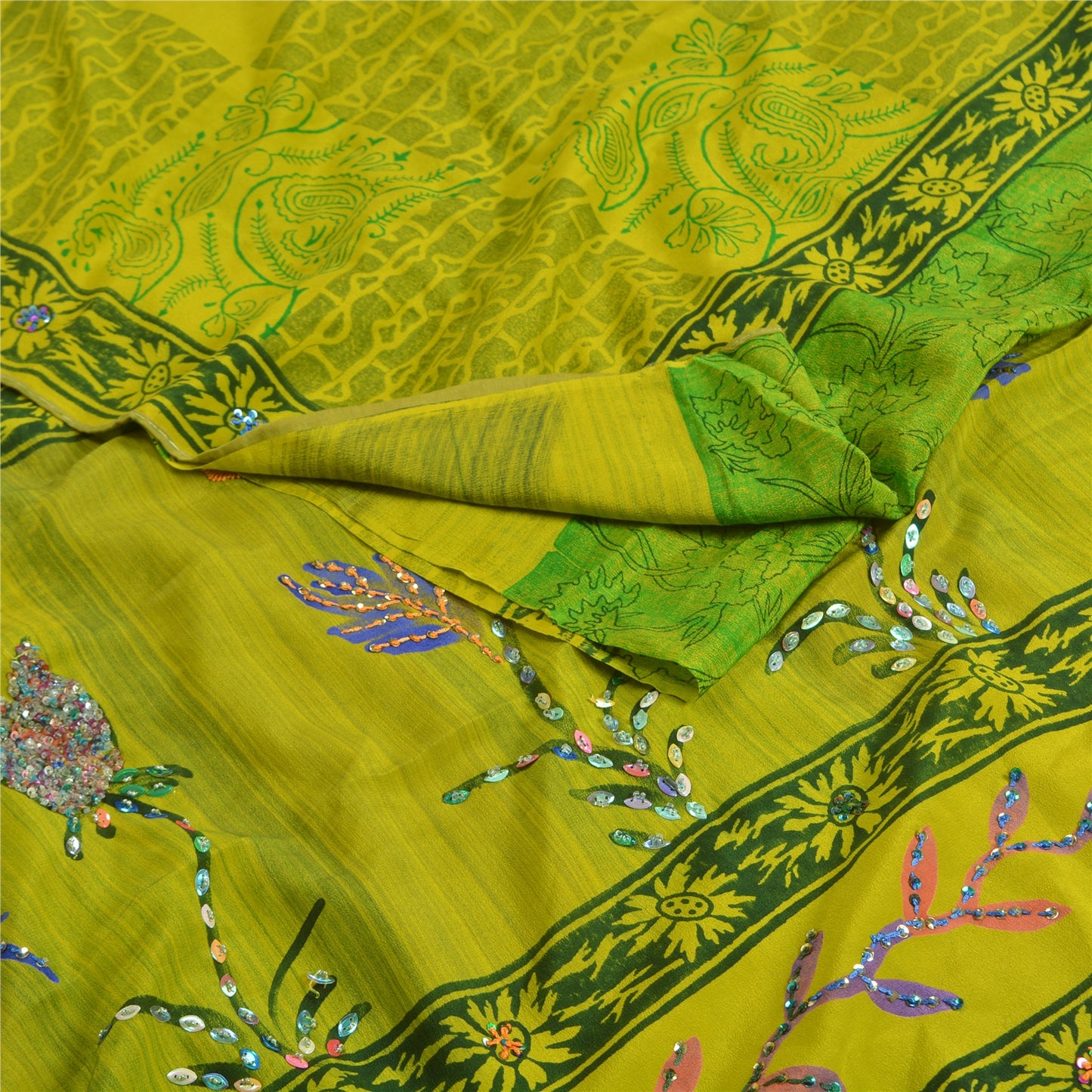 Sanskriti Vintage Sarees Green Hand Beaded Pure Crepe Silk Printed Sari Sustainable Fabric