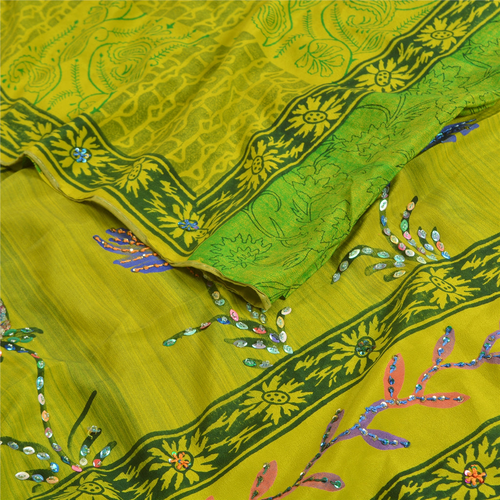 Sanskriti Vintage Sarees Green Hand Beaded Pure Crepe Silk Printed Sari Sustainable Fabric