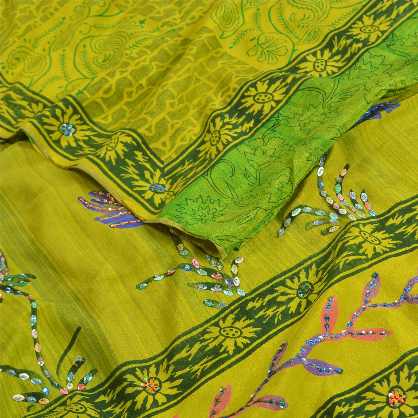 Sanskriti Vintage Sarees Green Hand Beaded Pure Crepe Silk Printed Sari Sustainable Fabric