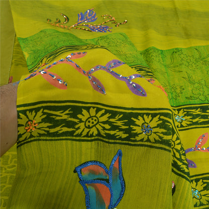 Sanskriti Vintage Sarees Green Hand Beaded Pure Crepe Silk Printed Sari Sustainable Fabric