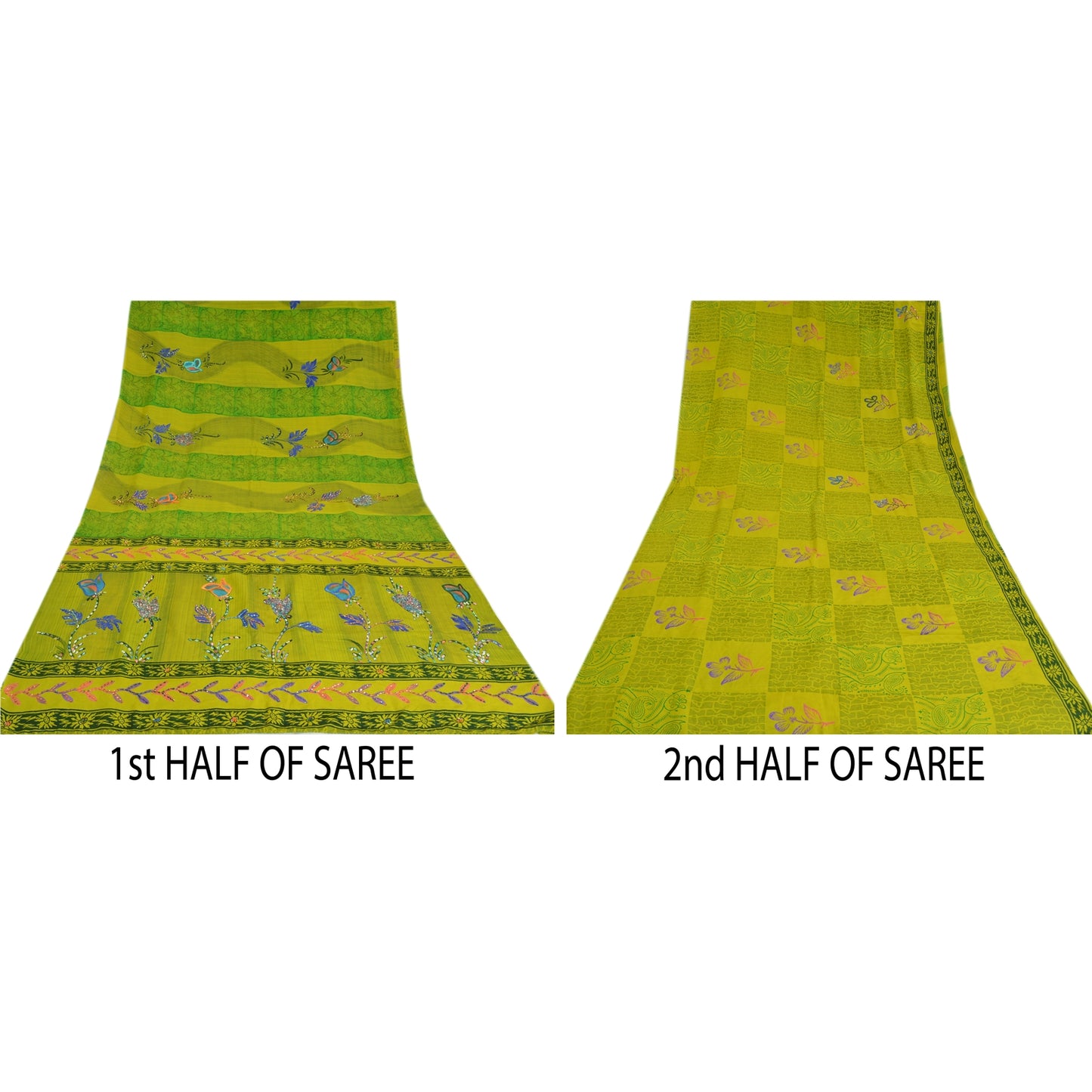 Sanskriti Vintage Sarees Green Hand Beaded Pure Crepe Silk Printed Sari Sustainable Fabric