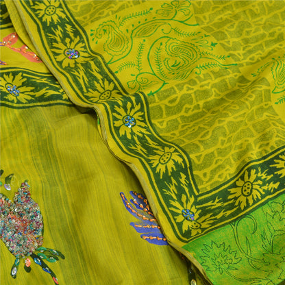 Sanskriti Vintage Sarees Green Hand Beaded Pure Crepe Silk Printed Sari Sustainable Fabric