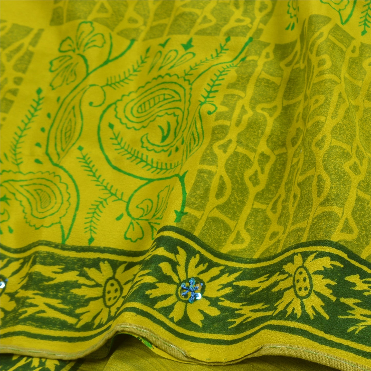 Sanskriti Vintage Sarees Green Hand Beaded Pure Crepe Silk Printed Sari Sustainable Fabric