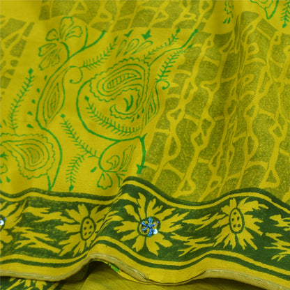 Sanskriti Vintage Sarees Green Hand Beaded Pure Crepe Silk Printed Sari Sustainable Fabric