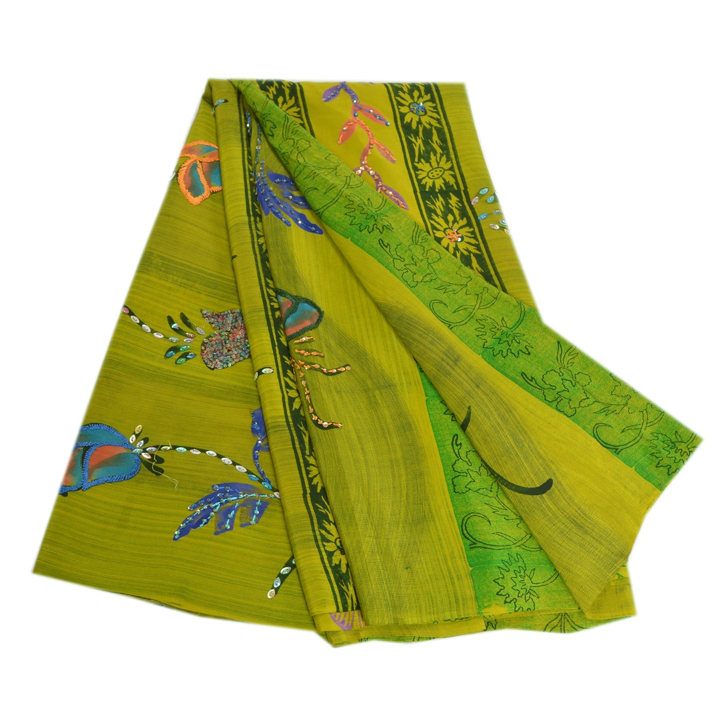 Sanskriti Vintage Sarees Green Hand Beaded Pure Crepe Silk Printed Sari Sustainable Fabric