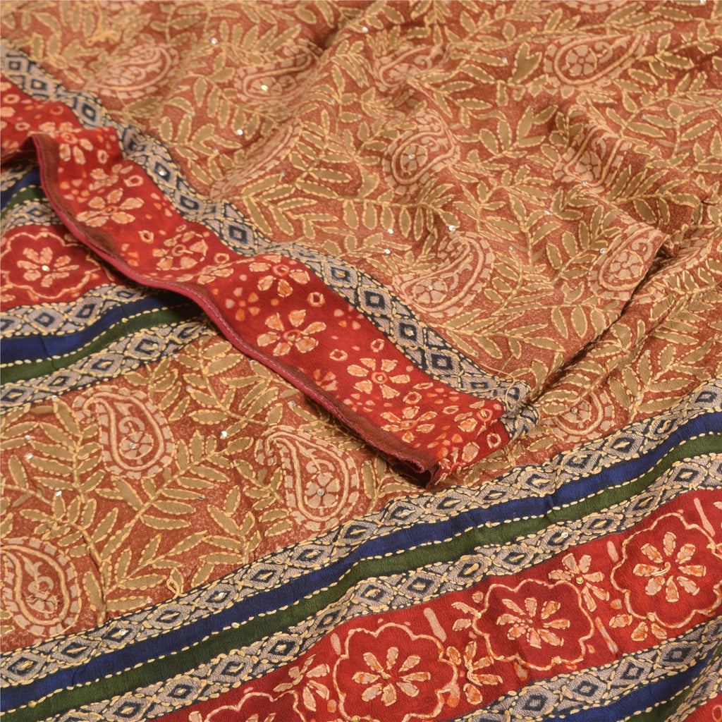 Sanskriti Vintage Sarees Hand Beaded Kantha Printed Pure Crepe Silk Sari Sustainable Fabric