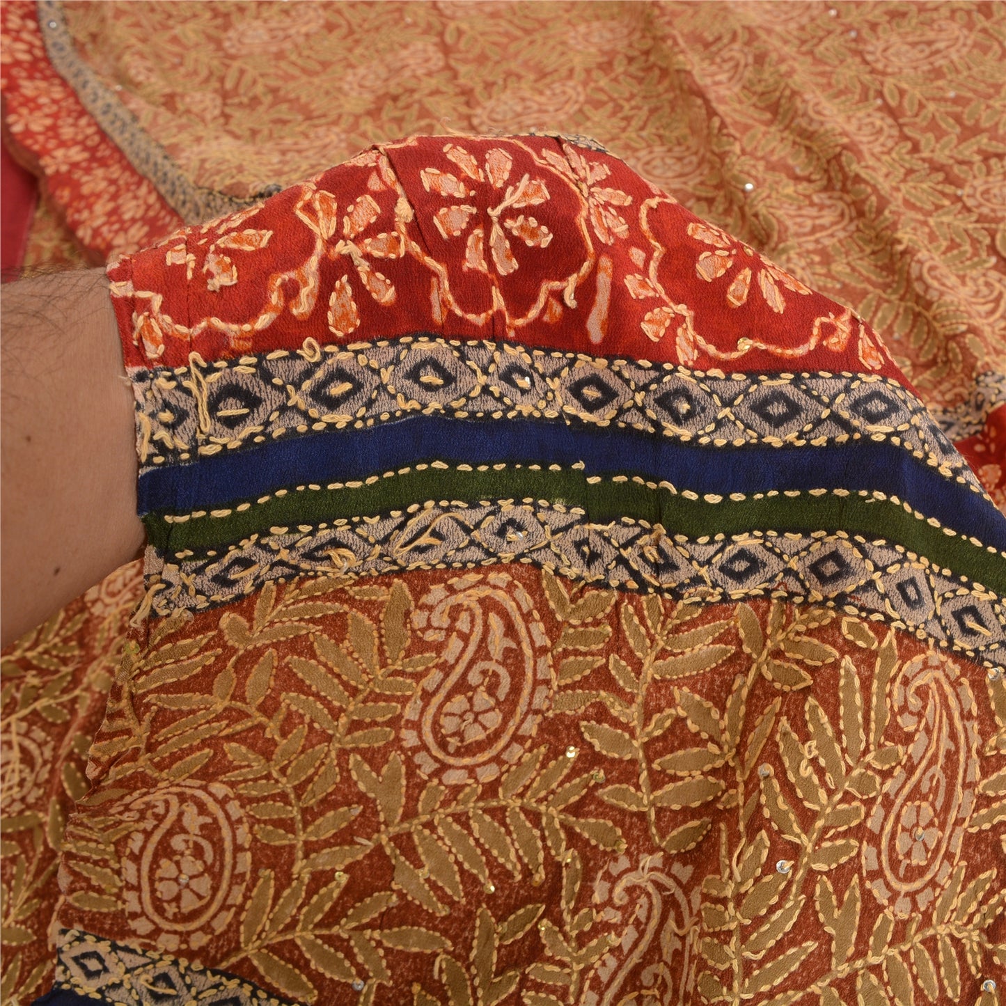 Sanskriti Vintage Sarees Hand Beaded Kantha Printed Pure Crepe Silk Sari Sustainable Fabric