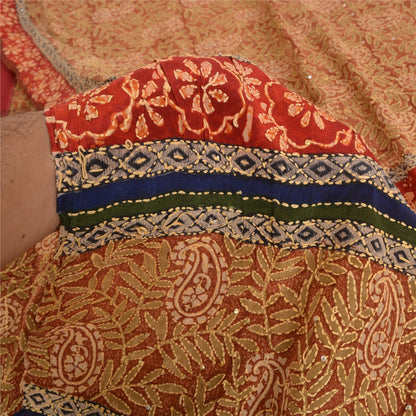 Sanskriti Vintage Sarees Hand Beaded Kantha Printed Pure Crepe Silk Sari Sustainable Fabric