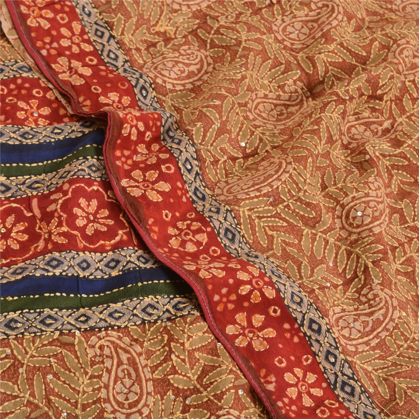 Sanskriti Vintage Sarees Hand Beaded Kantha Printed Pure Crepe Silk Sari Sustainable Fabric
