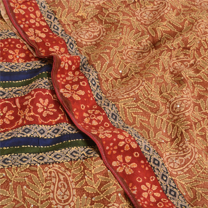 Sanskriti Vintage Sarees Hand Beaded Kantha Printed Pure Crepe Silk Sari Sustainable Fabric