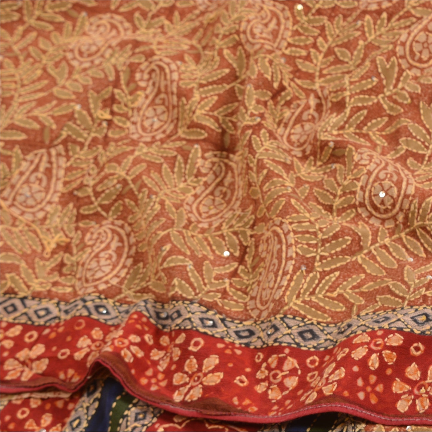 Sanskriti Vintage Sarees Hand Beaded Kantha Printed Pure Crepe Silk Sari Sustainable Fabric