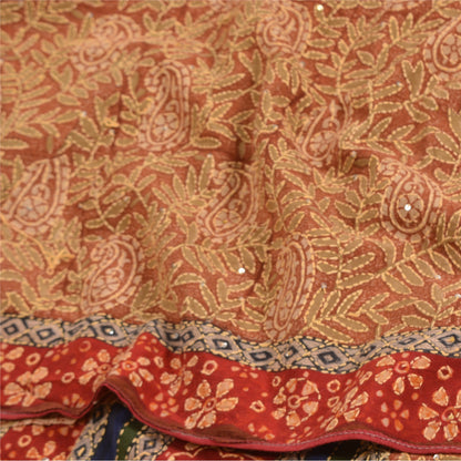 Sanskriti Vintage Sarees Hand Beaded Kantha Printed Pure Crepe Silk Sari Sustainable Fabric