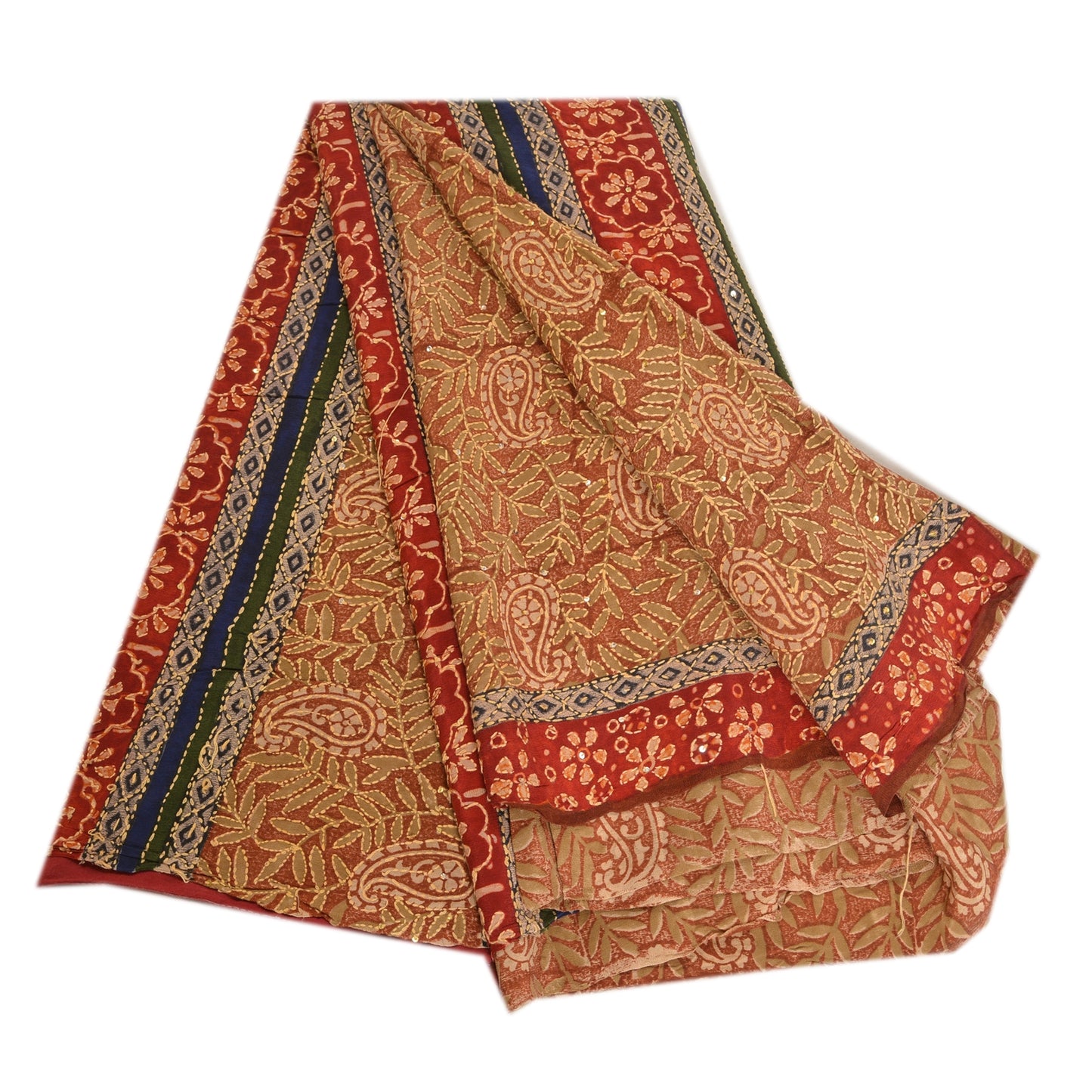 Sanskriti Vintage Sarees Hand Beaded Kantha Printed Pure Crepe Silk Sari Sustainable Fabric
