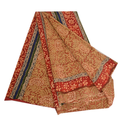 Sanskriti Vintage Sarees Hand Beaded Kantha Printed Pure Crepe Silk Sari Sustainable Fabric