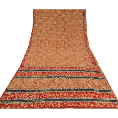 Sanskriti Vintage Sarees Hand Beaded Kantha Printed Pure Crepe Silk Sari Sustainable Fabric