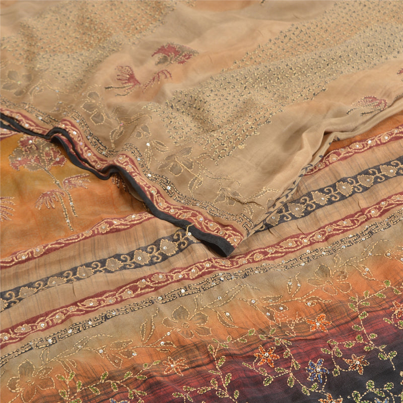 Sanskriti Vintage Sarees Multi Hand Beaded Kantha Pure Crepe Silk Sari Sustainable Fabric