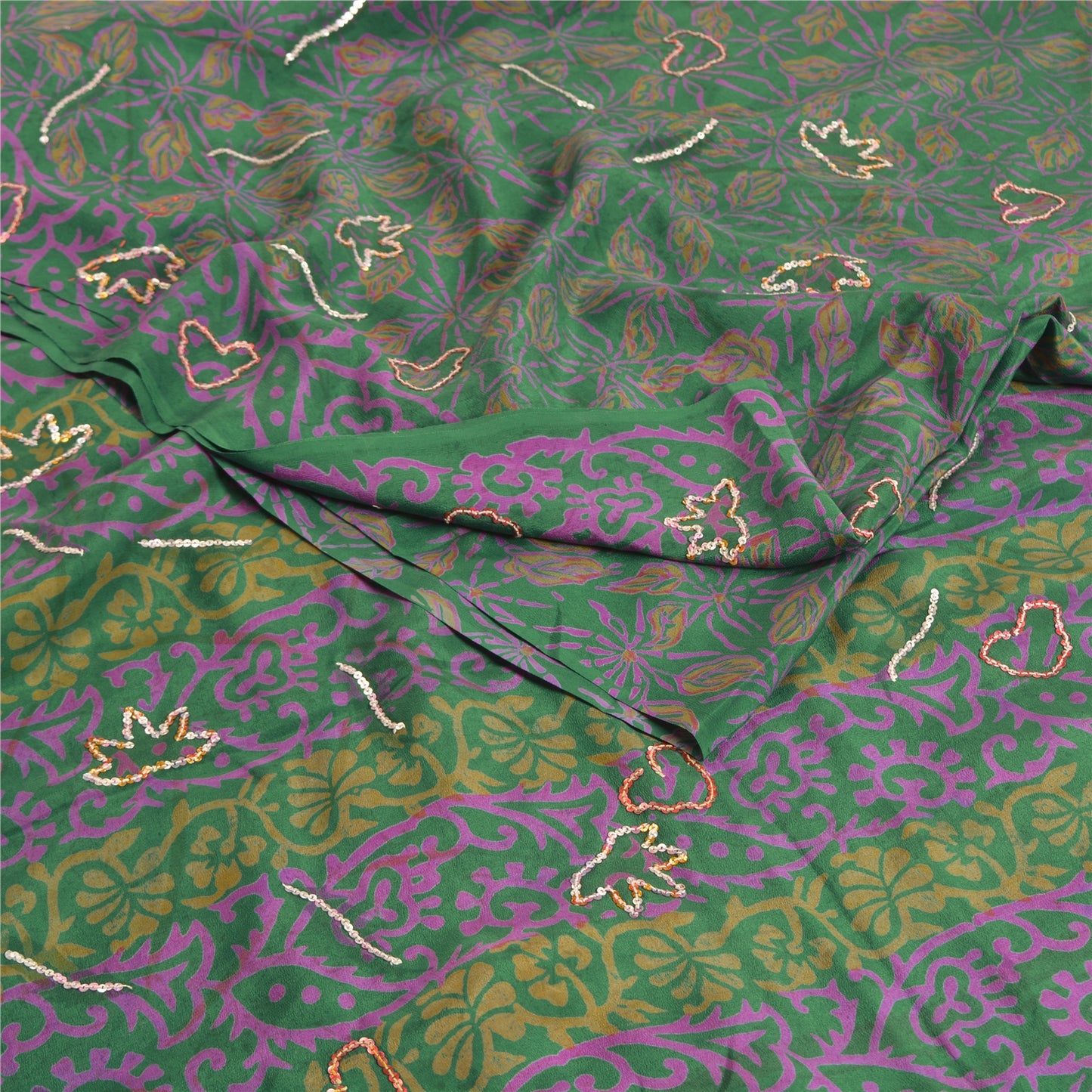 Sanskriti Vintage Sarees Green Hand Beaded Pure Crepe Silk Printed Sari Sustainable Fabric