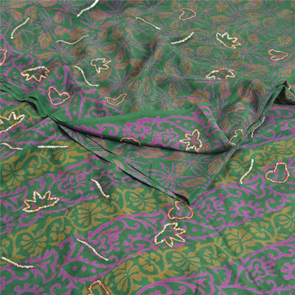 Sanskriti Vintage Sarees Green Hand Beaded Pure Crepe Silk Printed Sari Sustainable Fabric