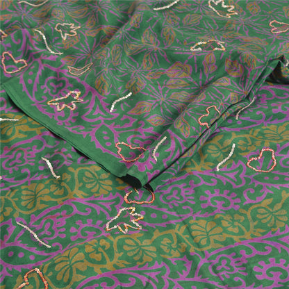 Sanskriti Vintage Sarees Green Hand Beaded Pure Crepe Silk Printed Sari Sustainable Fabric