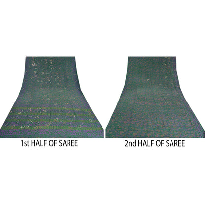 Sanskriti Vintage Sarees Green Hand Beaded Pure Crepe Silk Printed Sari Sustainable Fabric