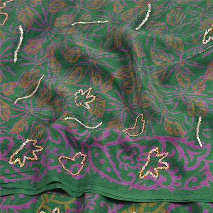 Sanskriti Vintage Sarees Green Hand Beaded Pure Crepe Silk Printed Sari Sustainable Fabric