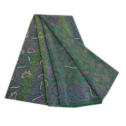 Sanskriti Vintage Sarees Green Hand Beaded Pure Crepe Silk Printed Sari Sustainable Fabric