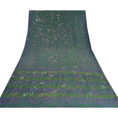 Sanskriti Vintage Sarees Green Hand Beaded Pure Crepe Silk Printed Sari Sustainable Fabric