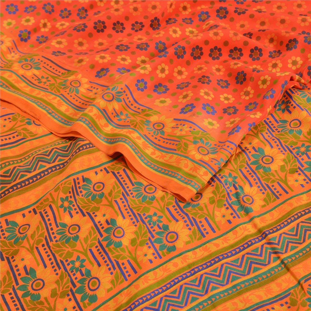 Sanskriti Vintage Sarees Red Printed Indian Pure Crepe Silk Sari Craft Sustainable Fabric