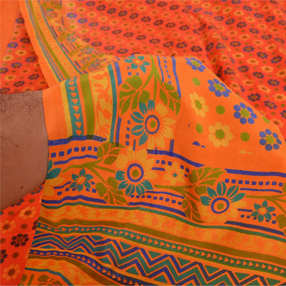 Sanskriti Vintage Sarees Red Printed Indian Pure Crepe Silk Sari Craft Sustainable Fabric