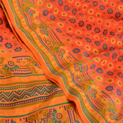Sanskriti Vintage Sarees Red Printed Indian Pure Crepe Silk Sari Craft Sustainable Fabric