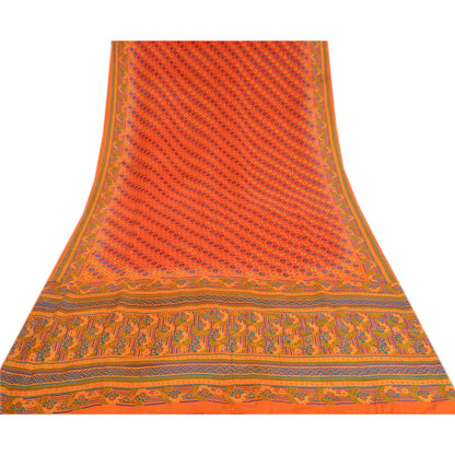 Sanskriti Vintage Sarees Red Printed Indian Pure Crepe Silk Sari Craft Sustainable Fabric