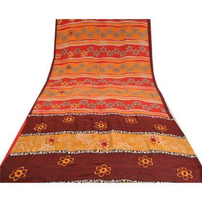 Sanskriti Vintage Sarees Rød Ren Crepe Silke Trykt Sari Blomster Håndværk Bæredygtigt Stof