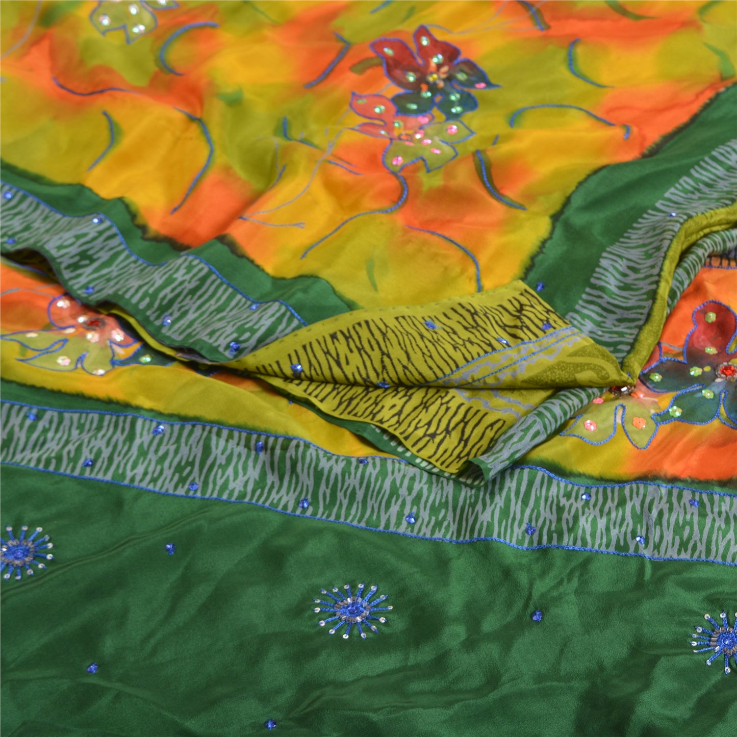 Sanskriti Vintage Sarees Multi Hand Beaded Pure Crepe Silk Printed Sari Sustainable Fabric