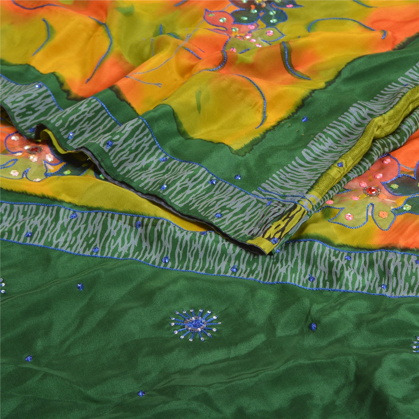 Sanskriti Vintage Sarees Multi Hand Beaded Pure Crepe Silk Printed Sari Sustainable Fabric