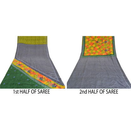 Sanskriti Vintage Sarees Multi Hand Beaded Pure Crepe Silk Printed Sari Sustainable Fabric