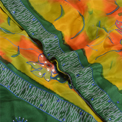 Sanskriti Vintage Sarees Multi Hand Beaded Pure Crepe Silk Printed Sari Sustainable Fabric