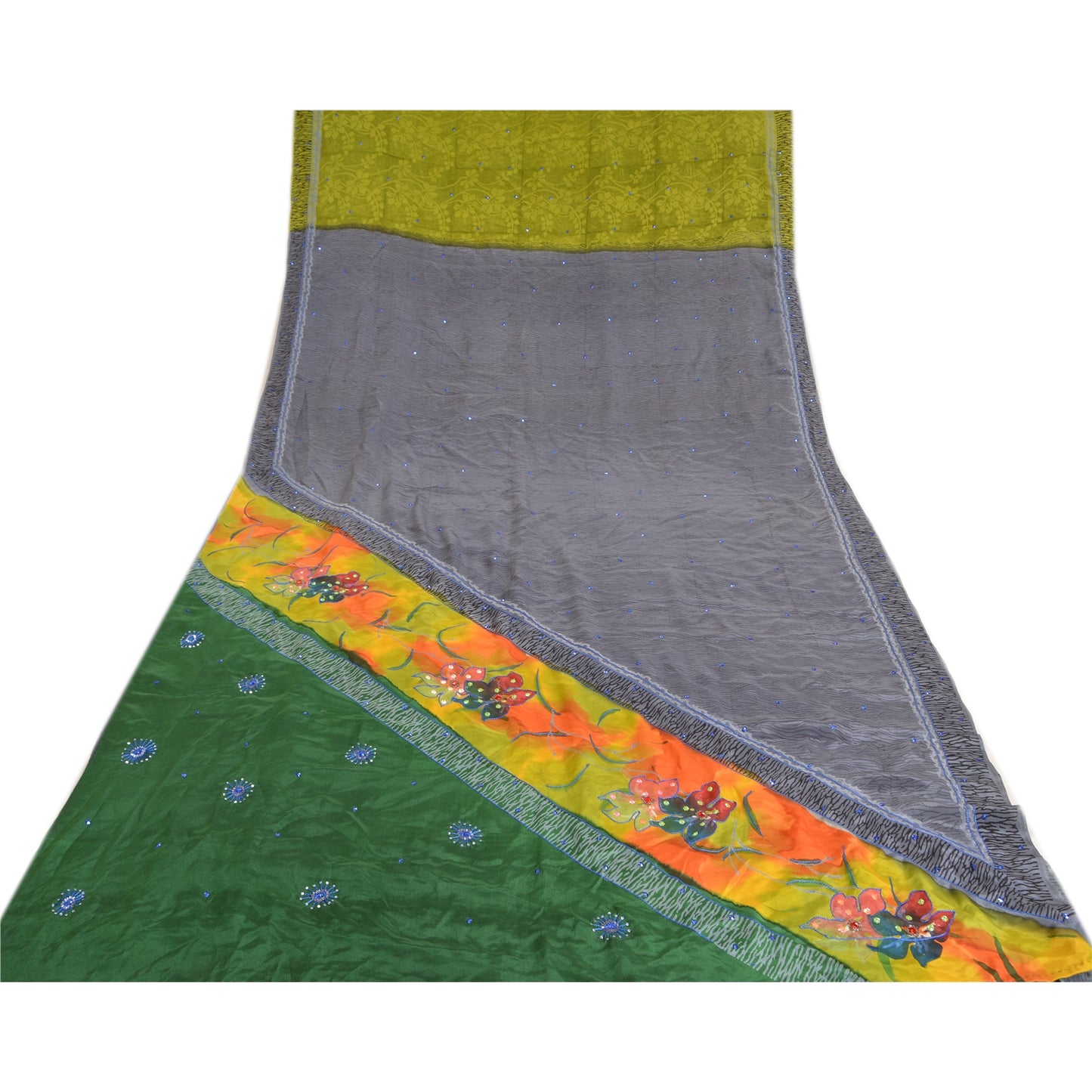 Sanskriti Vintage Sarees Multi Hand Beaded Pure Crepe Silk Printed Sari Sustainable Fabric