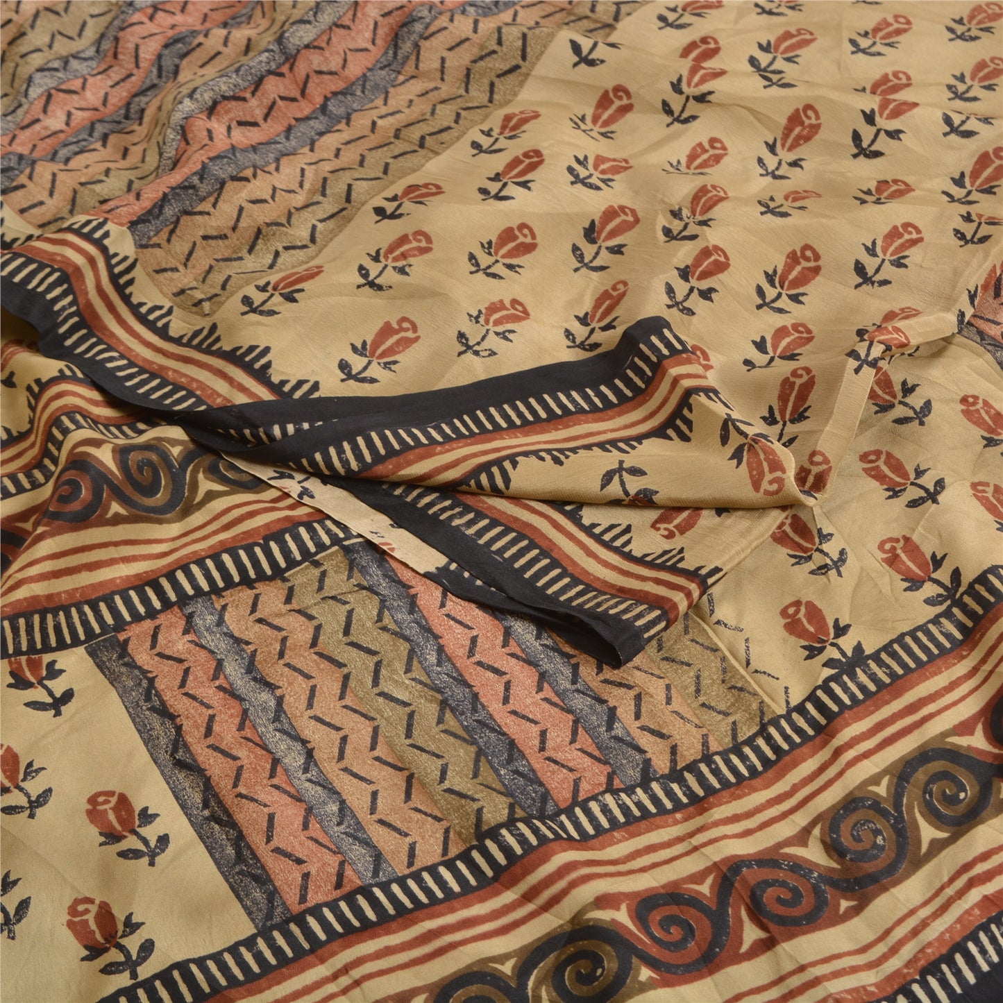 Санскритские винтажные сари из бледно-кремового чистого крепированного шелка с принтом для сари из экологически чистой ткани