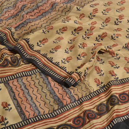 Санскритские винтажные сари из бледно-кремового чистого крепированного шелка с принтом для сари из экологически чистой ткани