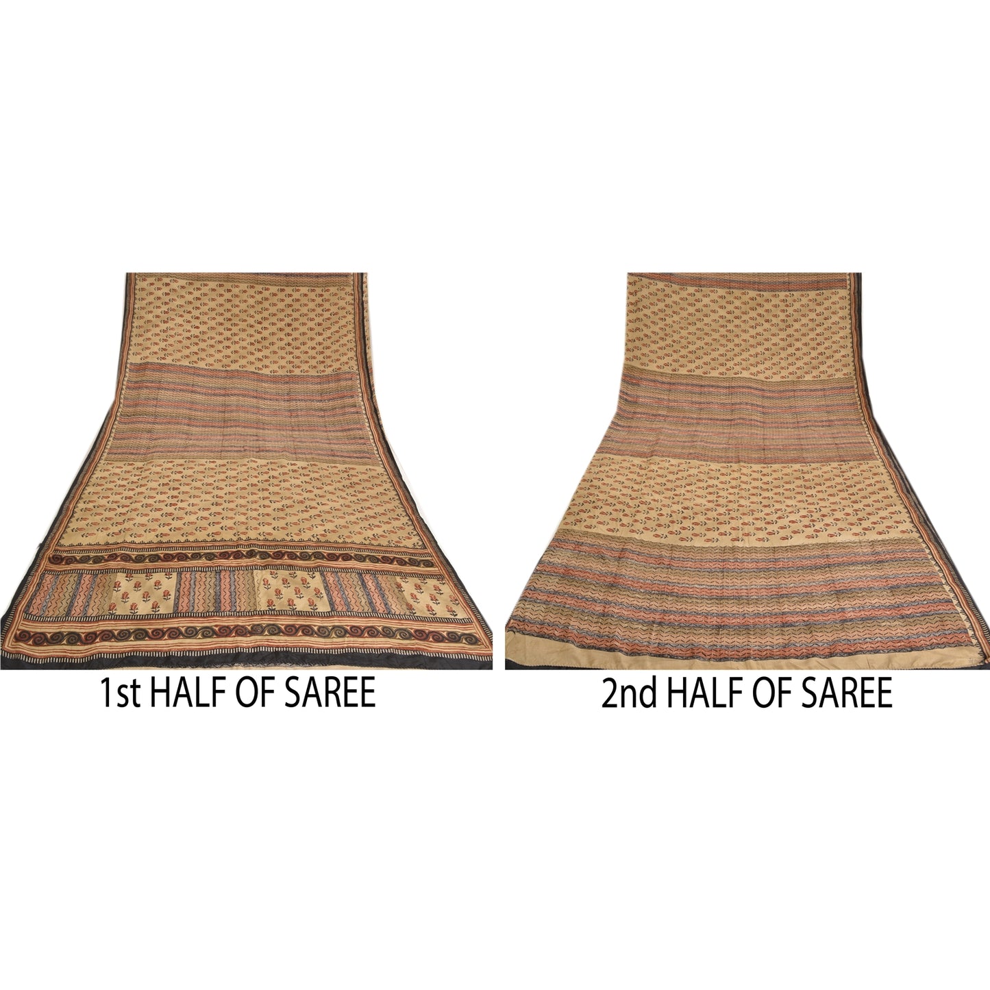 Санскритские винтажные сари из бледно-кремового чистого крепированного шелка с принтом для сари из экологически чистой ткани